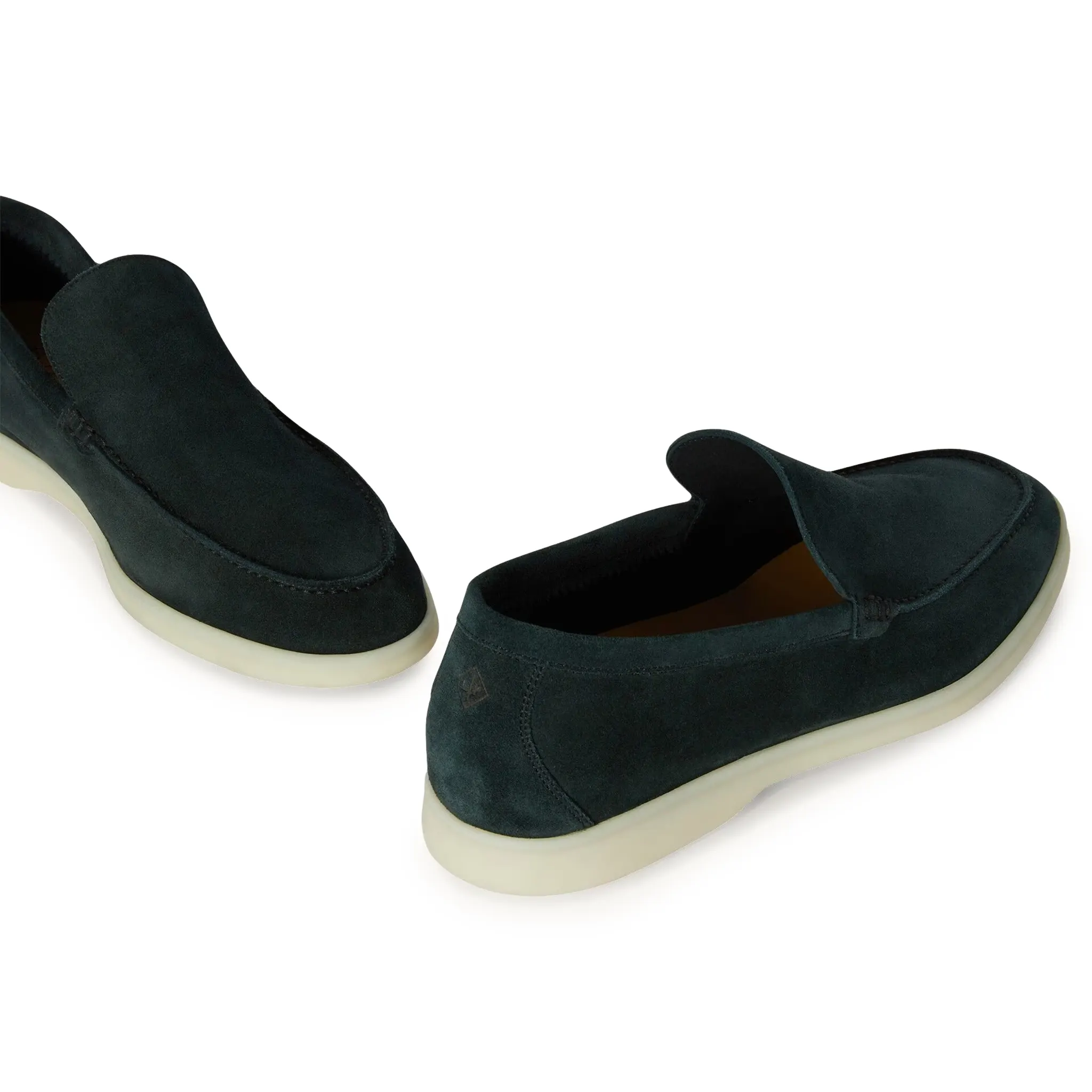 Side Upper View of Loro Piana Summer Walk Suede Dark Green Loafers FAE8124